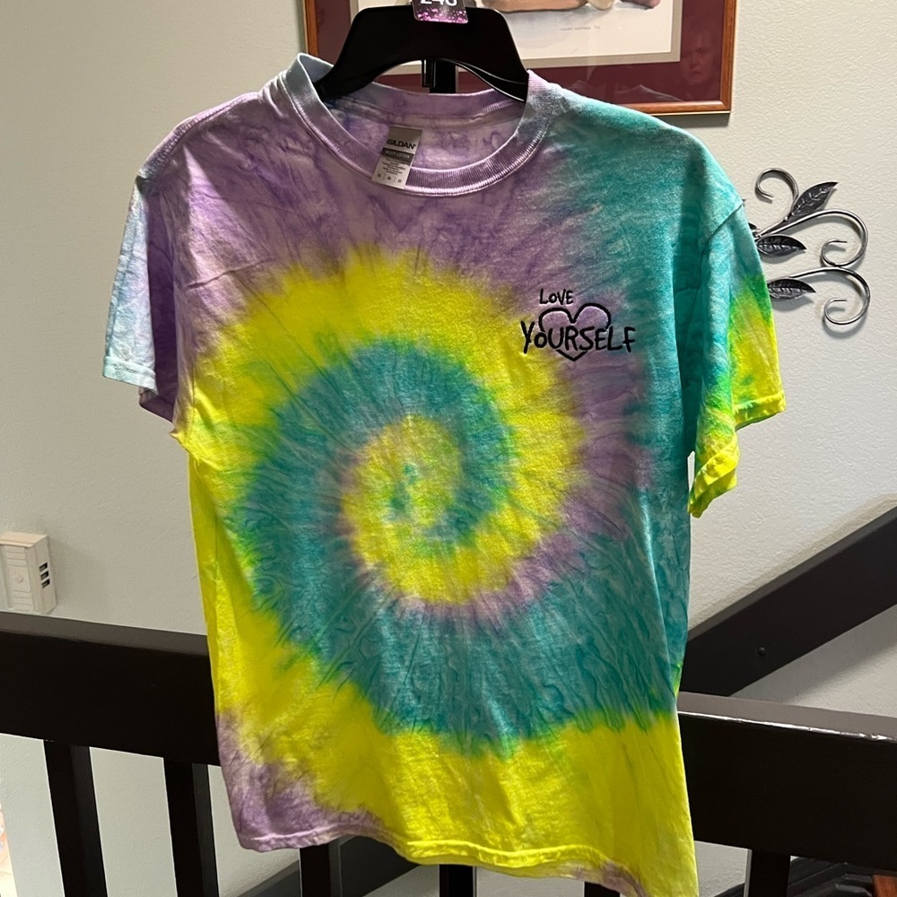 Gildan Women's Tie-Dye Tee - Purple, Blue, Yellow “Love Yourself” #240